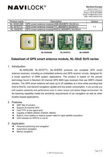 Datasheet of GPS smart antenna module, NL-50xE Sirf3 series