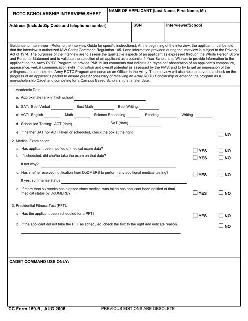 CC Form 159-R Scholarship Interview - Army ROTC