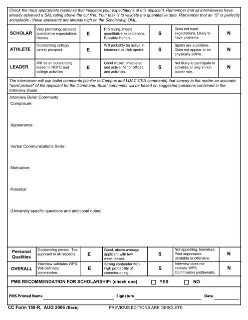 CC Form 159-R Scholarship Interview - Army ROTC