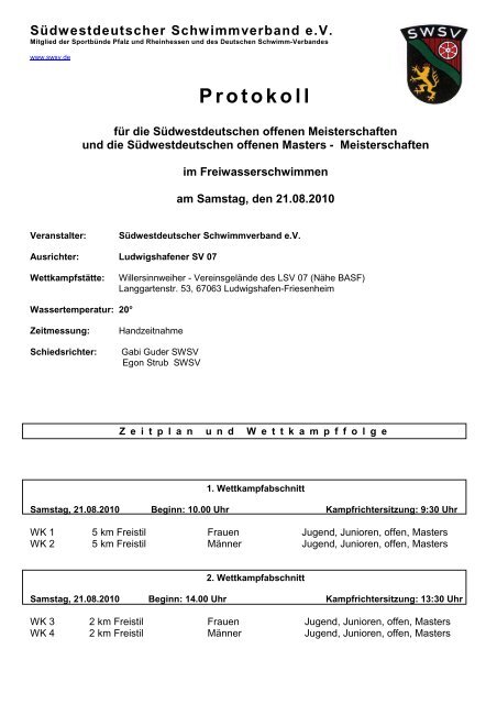 Protokoll - SÃ¼dwestdeutscher Schwimmverband