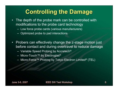 Control of Pad Damage Using Prober Operational Parameters