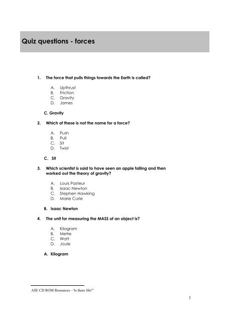 Quiz questions - forces - National STEM Centre