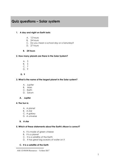 Quiz questions â Solar system - National STEM Centre