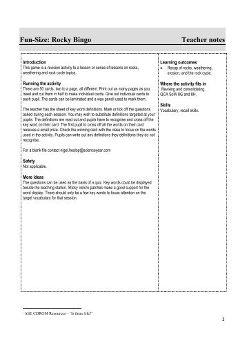 Rocky Bingo Teacher notes - ASE Science Year CD Roms Online