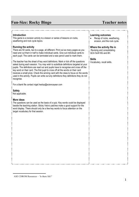 Rocky Bingo Teacher notes - ASE Science Year CD Roms Online