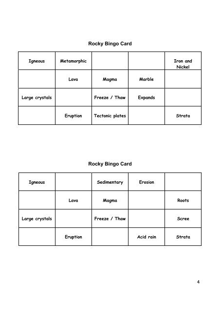 Rocky Bingo Teacher notes - ASE Science Year CD Roms Online