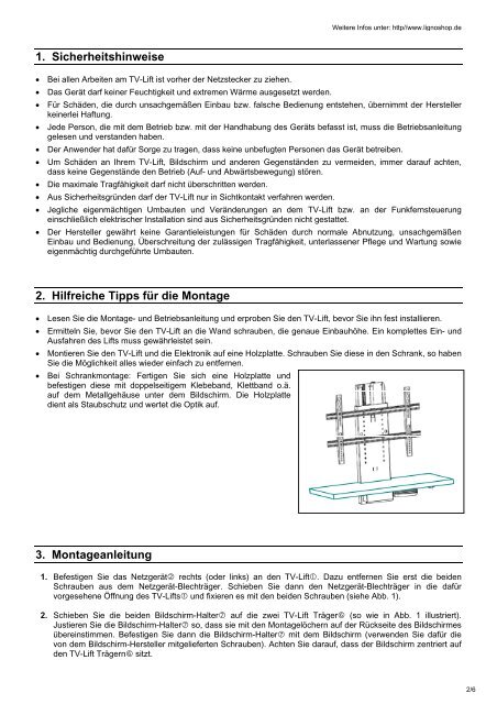 und Bedienungsanleitung TV-Lift I - Lignoshop