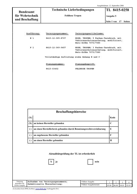 Feldhose Tropen - Bundesamt fÃ¼r Wehrtechnik und Beschaffung