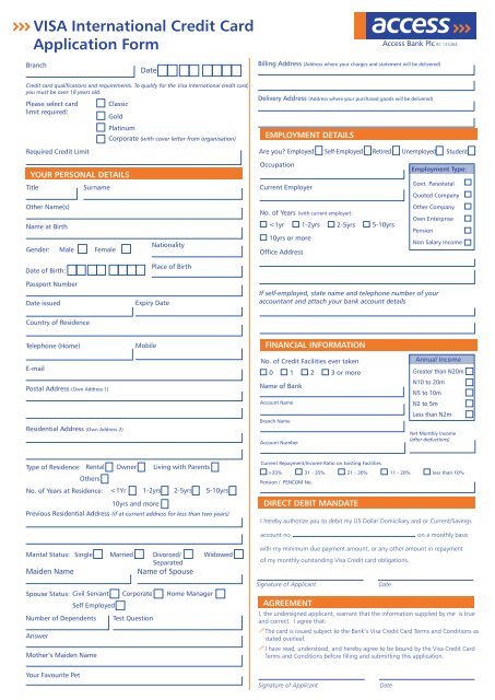 VISA International Credit Card Application Form Access Bank