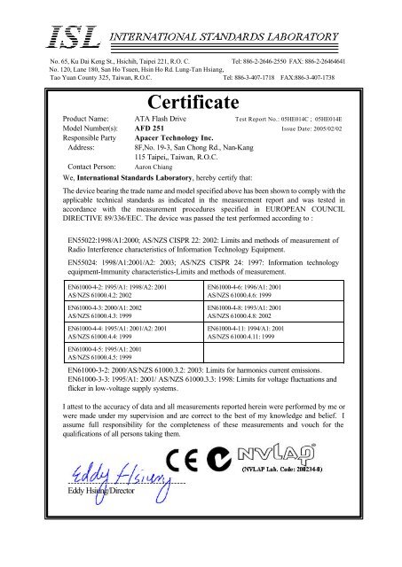 ce mark technical file as/nzs emc construction file - Apacer