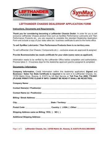 Dealership Application Form - SynMax Performance Lubricants
