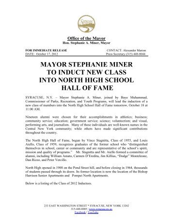 Mayor Miner to induct North High Hall of Fame ... - City of Syracuse