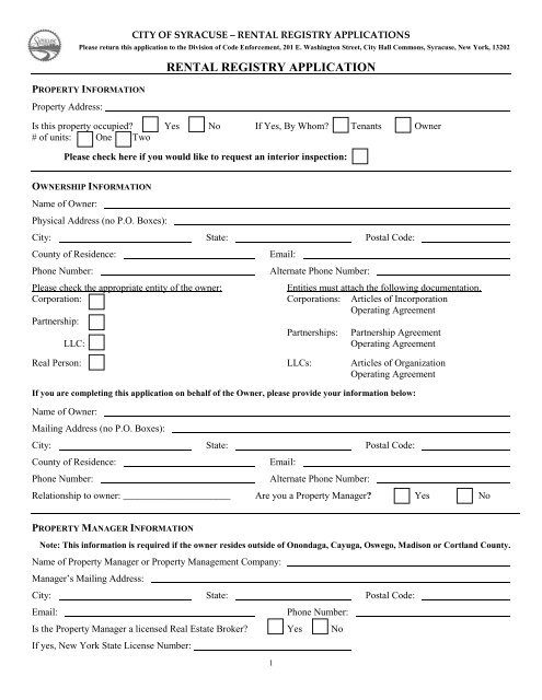 RENTAL REGISTRY APPLICATION - City of Syracuse