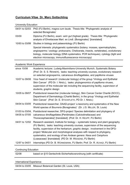 Curriculum Vitae Dr. Marc Gottschling - Systematic Botany and ...