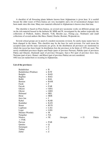 Checklist of the Flowering Plants of Afghanistan