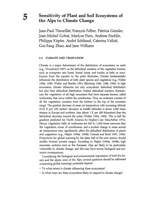 Sensitivity of Plant and Soil Ecosystems of the Alps to Climate Change