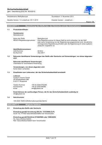 Sicherheitsdatenblatt Methylbenzoat - SysKem Chemiehandel GmbH