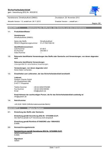 Sicherheitsdatenblatt Dimethylsulfoxid (DMSO) - SysKem ...