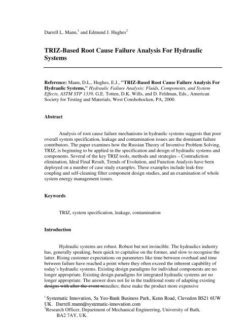 TRIZ-Based Root Cause Failure Analysis For Hydraulic Systems