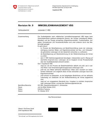 Revisionsbericht VBS-Immobilienmanagement - SonntagsZeitung