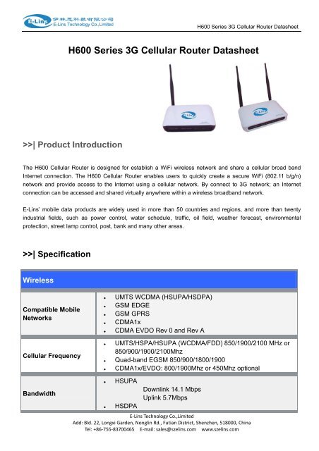 H600 3G WiFi Router Datasheet - E-Lins