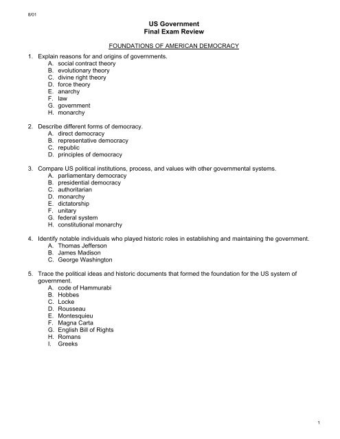 US Government Final Exam Review