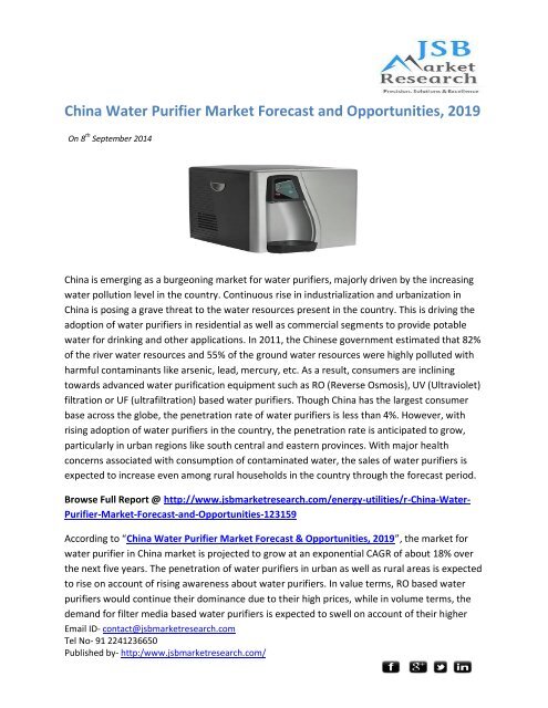 JSB Market Research: China Water Purifier Market Forecast and Opportunities, 2019