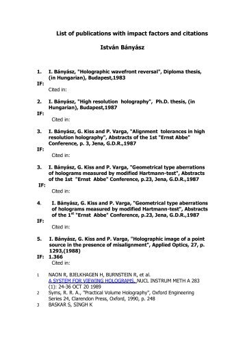 List of publications with impact factors and citations ... - MTA SzFKI