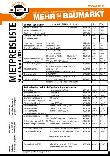 M IETPREISLISTE Stand A pril 2012 - BGU Baumarkt