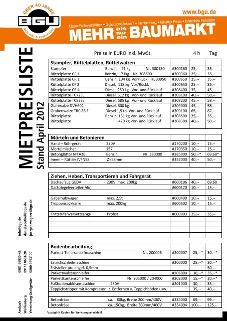 M IETPREISLISTE Stand A pril 2012 - BGU Baumarkt