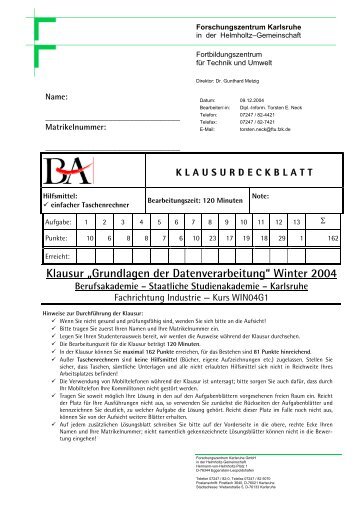 Klausur Informatik-1 vom 02.12.2004 - Torsten E. Neck