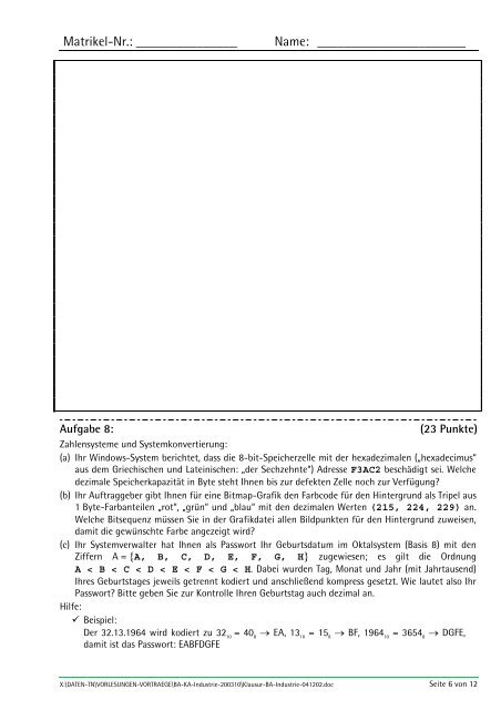 Klausur Informatik-1 vom 02.12.2004 - Torsten E. Neck