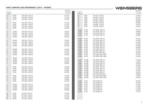 TARIF CAMPING CARS WEINSBERG 1/2014 â FRANCE 1 TI 550 ...