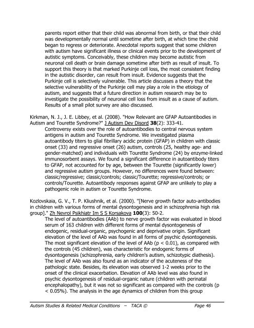 Autism Studies and Related Medical Conditions, January 2009 - TACA