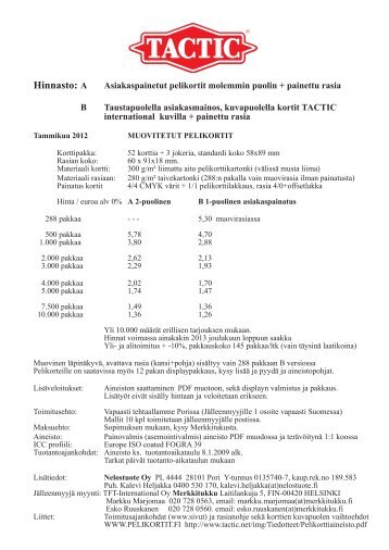 Pelikorttiaineisto ja hinnasto - Tactic