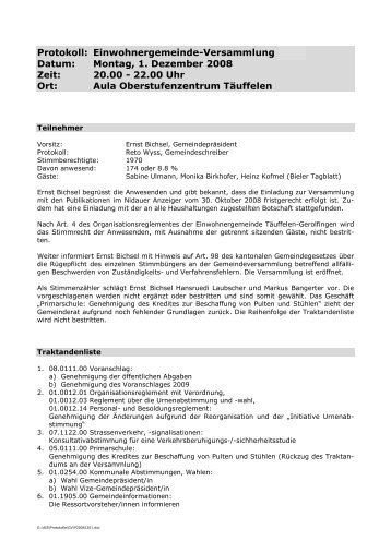 Protokoll Gemeindeversammlung 01.12.2008 - Einwohnergemeinde ...