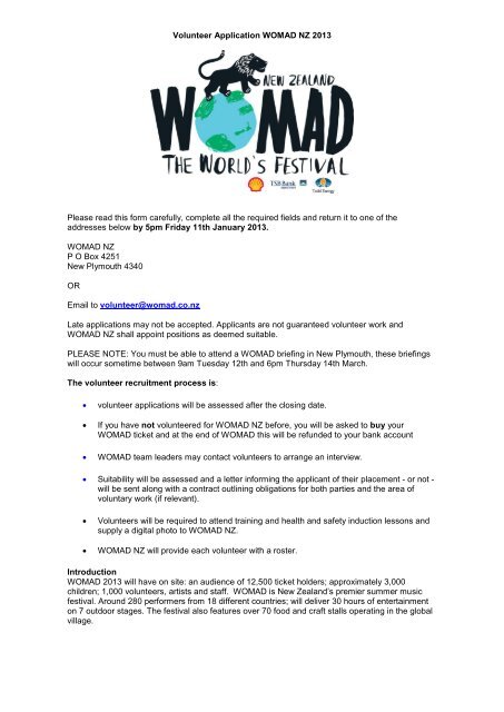Volunteer Application WOMAD NZ 2013 Please read this form ...