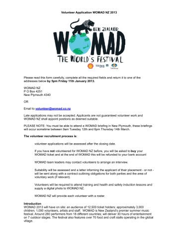 Volunteer Application WOMAD NZ 2013 - Taranaki Arts Festival Trust