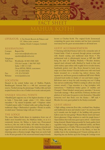 fact sheet - mahua kothi(rates) - Taj Safaris