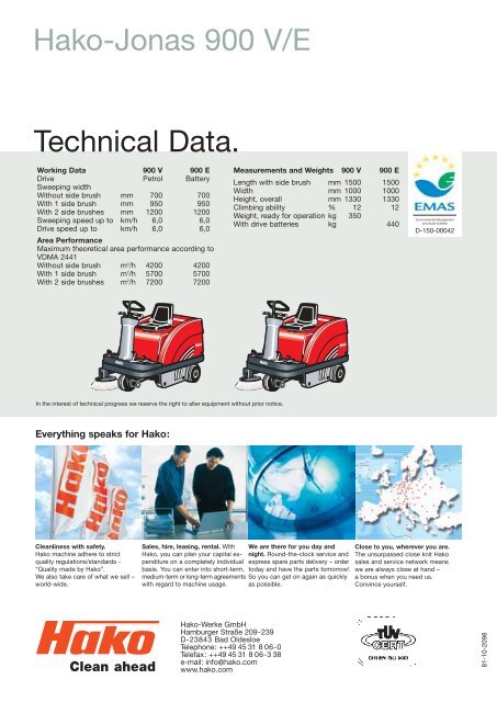 Hako-Jonas 900 V/E Technical Data.