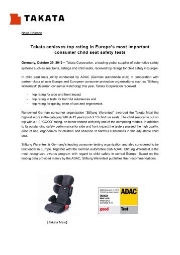 Takata achieves top rating in Europe's consumer child seat safety tests