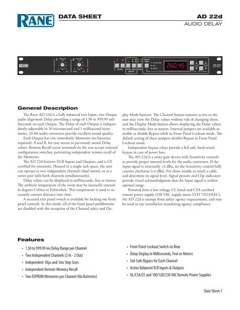 Rane AD 22d Audio Delay data sheet - Talamas