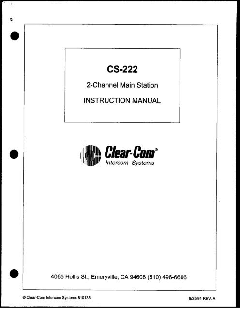 Clear Com CS-222 Two Channel Main Station user manual - Talamas