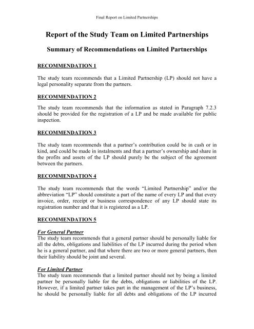 Report Of The Study Team On Limited Partnerships Acra Report Of The Study Team On Limited Partnerships Acra