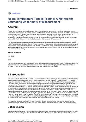 Room Temperature Tensile Testing - NPL Publications Database ...