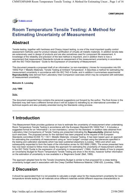 Room Temperature Tensile Testing - NPL Publications Database ...