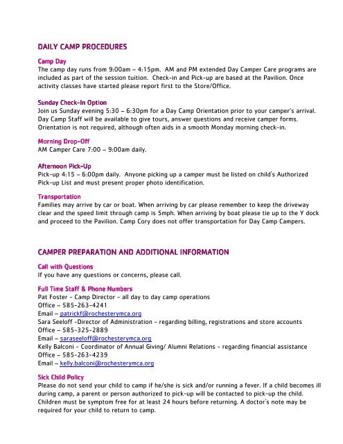 2013 Day Camp Parent Handbook - YMCA of Greater Rochester