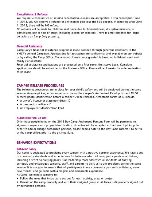 2013 Day Camp Parent Handbook - YMCA of Greater Rochester