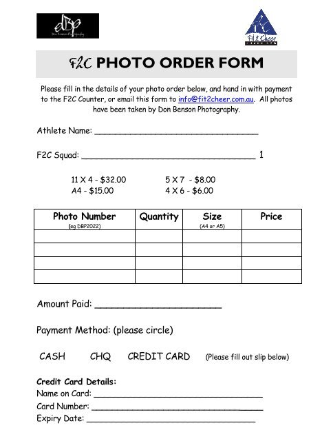 F2C PHOTO ORDER FORM - Fit 2 Cheer