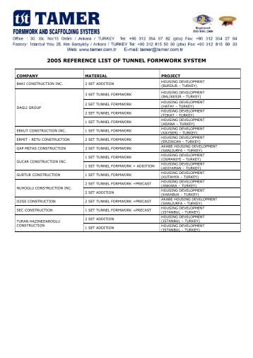 2005 reference list of tunnel formwork system - Tamer.com.tr